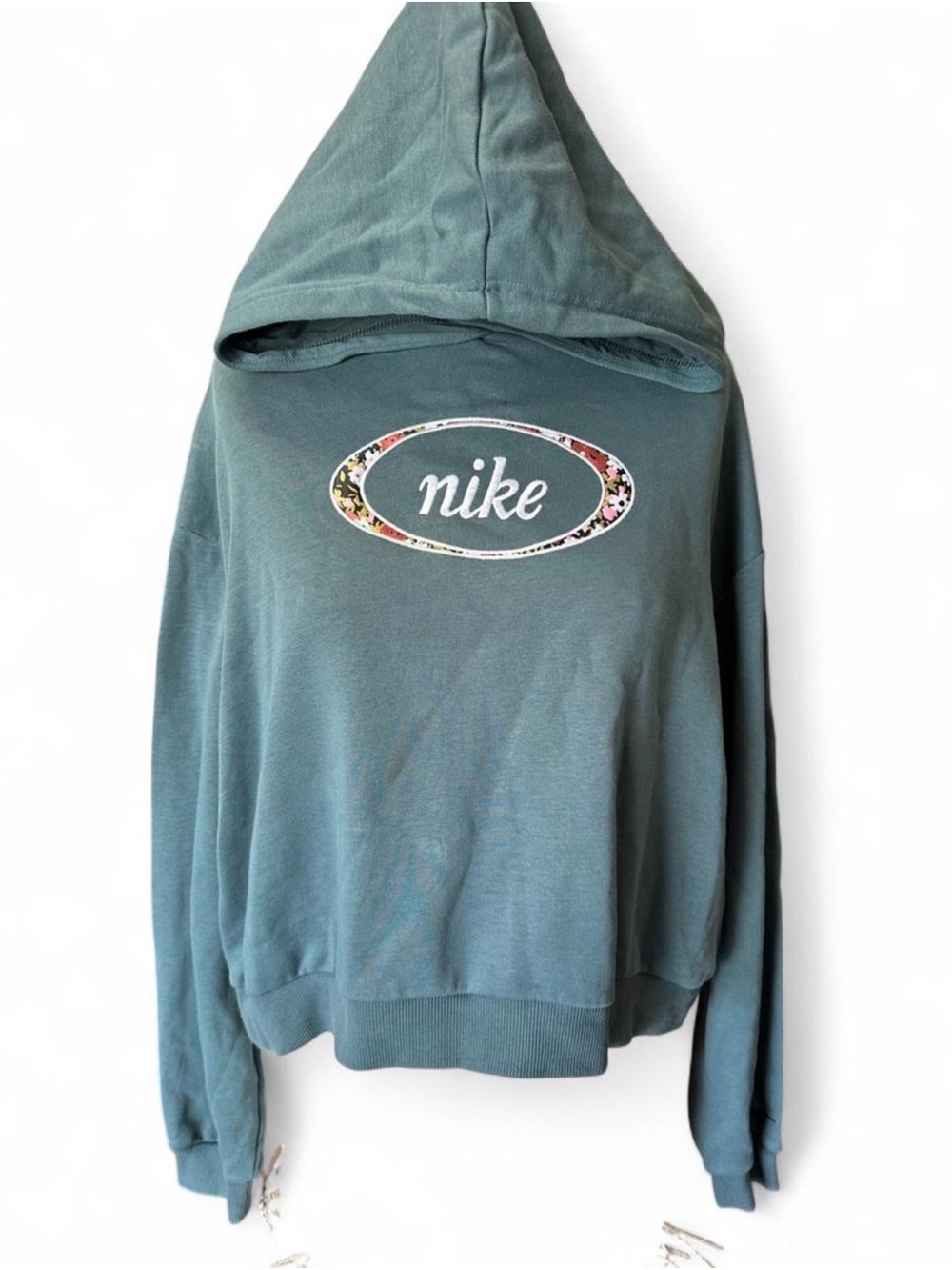 Nike Teal Green Hooded Women's Sweatshirt with Floral Logo